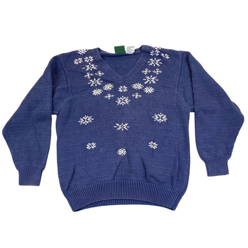 Vintage Northern Reflections Womens Sweater Medium Knit V-Neck Snowflakes Blue